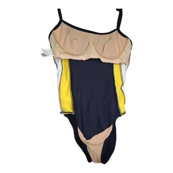 Vintage Liz Claiborne Blue Yellow Racer Stripe Open Back One Piece Swimsuit USA - Picture 4 of 10